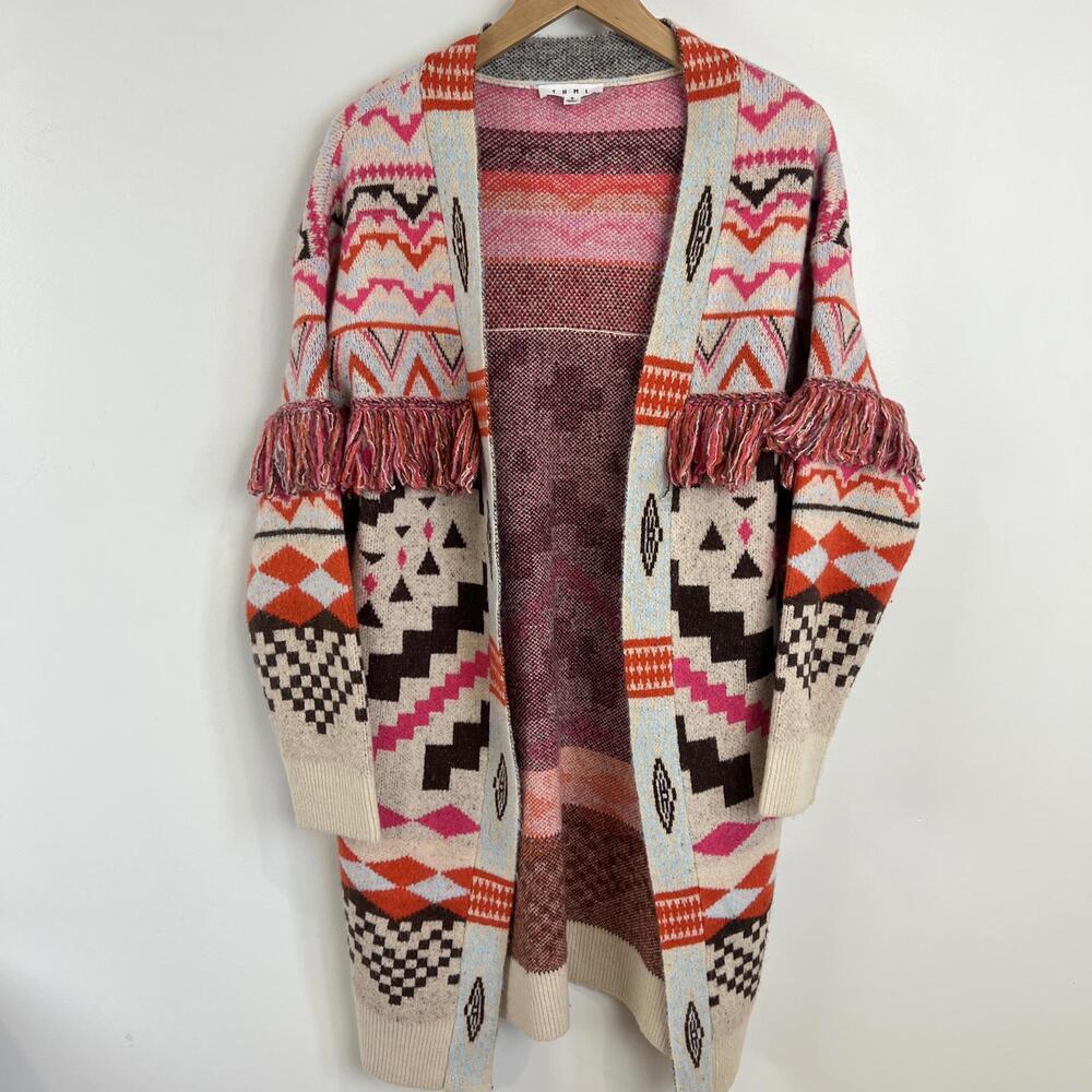 THML Women's Small Open Front Western Aztec Print Cardigan Sweater Fringed Boho